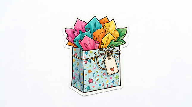 Colorful gift bag with tissue paper, confetti pattern, and a blank gift tag