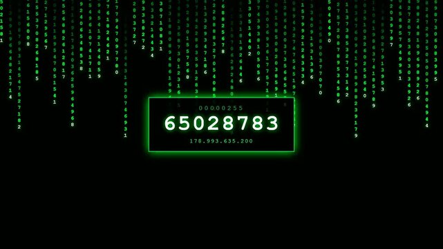 System resource monitoring appears as bright neon green alphanumeric code cascading downward over a dark void behind rectangular data frames displaying white numerical sequence values