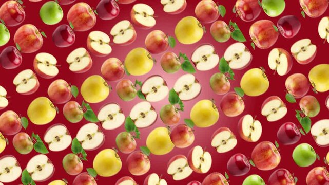 Dynamic 3D Loop Animation of Multiple Flying Apples and Apple Slices Rotating in a Spiral Pattern Against a Red Background, Seamless Motion Graphic for Food Branding, Fresh Fruit Surreal Minimalist Vi