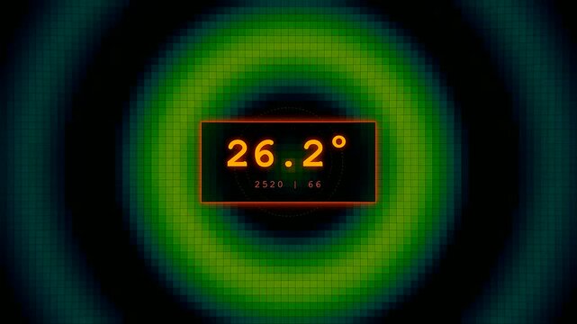 A system resource monitoring display shows fluctuating digital temperature values within three distinct circular light rings that transition in color from dark green to bright orange illumination