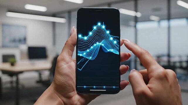 Close-Up View Of A Hand Swiping Across A Smartphone Screen Displaying Clean Flowing 3D Data Visuals In A Modern Office Environment