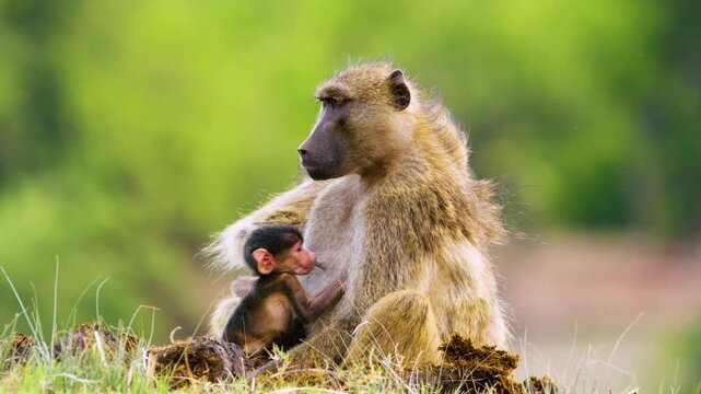 Close up of a female baboon nursing or breastfeeding her baby baboon. Botswana. South Africa. Chobe National Park