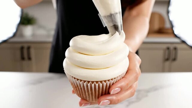 Close-Up View of Hands Piping Smooth White Vanilla Frosting Onto a Generic Unbranded Cupcake in a Modern Kitchen Setting