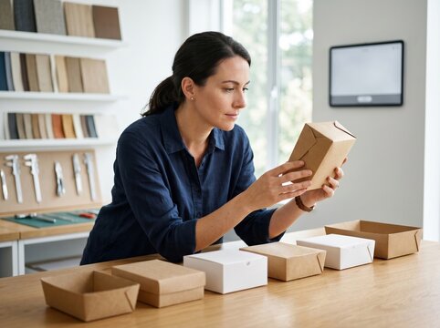 Packaging designer checking eco friendly food boxes on clean tabletop