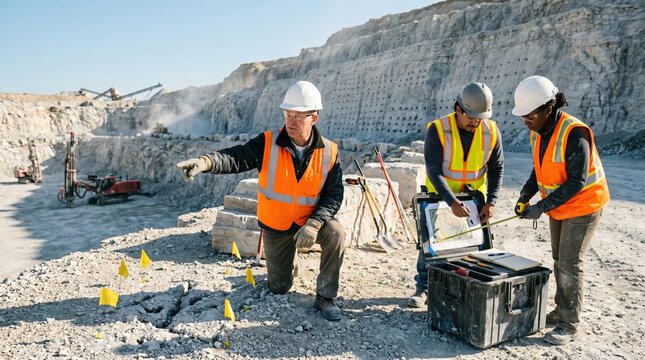 Quarry blasting team coordinating safety checks before rock extraction work