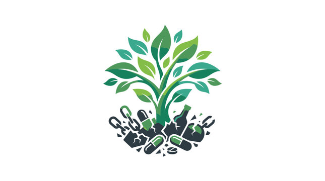 Green tree growing from broken chains, pills, and bottles, symbolizing addiction recovery and healthy living.