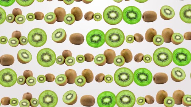 Fresh sliced kiwis and whole kiwi fruits arranged in a pattern isolated on a light gray background, organic fruit for healthy food advertising, summer harvest 3D render concept for culinary marketing,