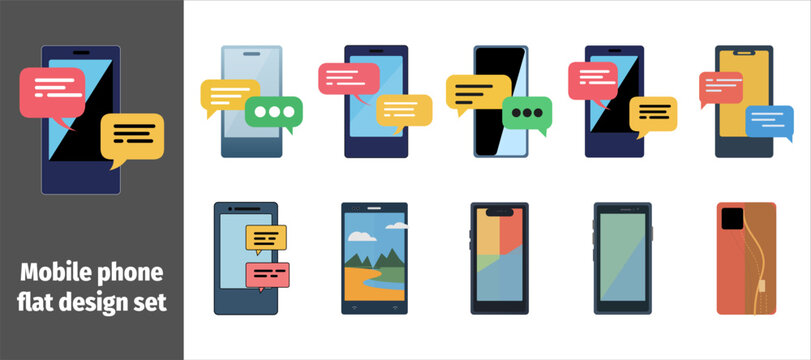 Mobile phone flat design set with chat messages and various screen displays smartphone vector illustration collection