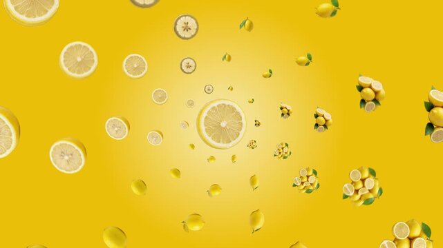 Fresh sliced lemons and whole lemons falling in slow motion isolated on a vibrant yellow background, floating organic citrus fruit for healthy food advertising, summer harvest 3D render concept for cu