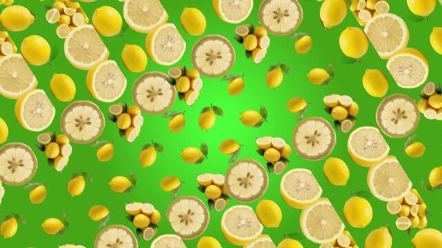 Fresh sliced lemons and whole lemons falling in slow motion isolated on a vibrant green background, floating organic citrus fruit for healthy food advertising, summer harvest 3D render concept for cul