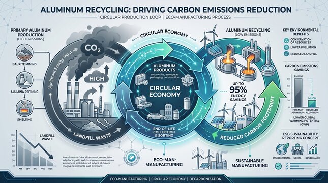 Infographic diagram showing sustainable aluminum recycling process, circular economy loop, and carbon emissions reduction in green manufacturing