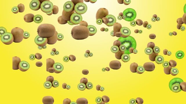 Fresh ripe kiwis and juicy kiwi slices falling in slow motion isolated on a vibrant yellow background, floating organic tropical fruit for healthy food advertising, summer harvest 3D render concept fo