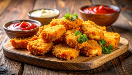 Fototapeta premium Ultra-realistic food photography of crispy golden chicken nuggets, crunchy breaded coating