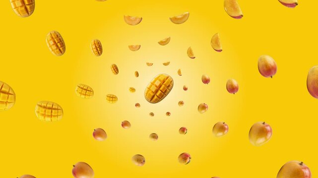 Fresh ripe mangoes and juicy mango slices falling in slow motion isolated on a vibrant yellow background, floating organic tropical fruit for healthy food advertising, summer harvest 3D render concept