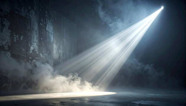 A dramatic single spotlight beam piercing through a dark, smoky room, illuminating the floor and wall with visible light rays.