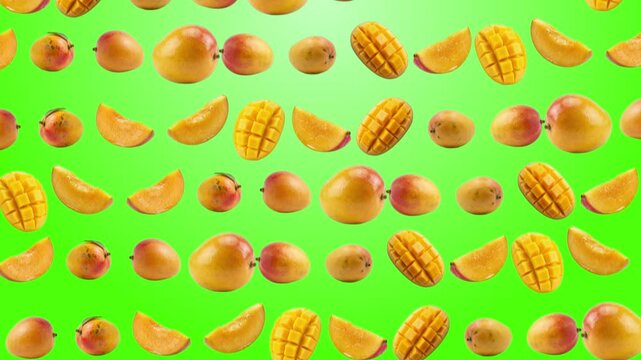 Fresh mango slices and whole tropical fruits arranged in a pattern isolated on a vibrant green background, organic fruit for healthy food advertising, summer harvest 3D render concept for culinary mar