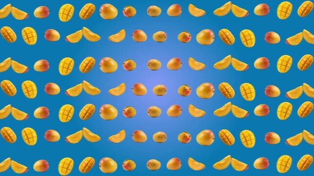 Fresh mango slices and whole tropical fruits arranged in a pattern isolated on a vibrant blue background, organic fruit for healthy food advertising, summer harvest 3D render concept for culinary mark