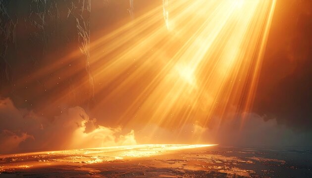Dramatic golden light rays pierce through dark, cloudy skies, illuminating a distant, ethereal landscape with a powerful, hopeful glow.