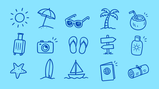 Travel and summer vacation icon set in hand-made doodle style, vector file