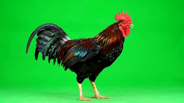 Rooster on green screen chroma key background, full body side view high quality stock video footage