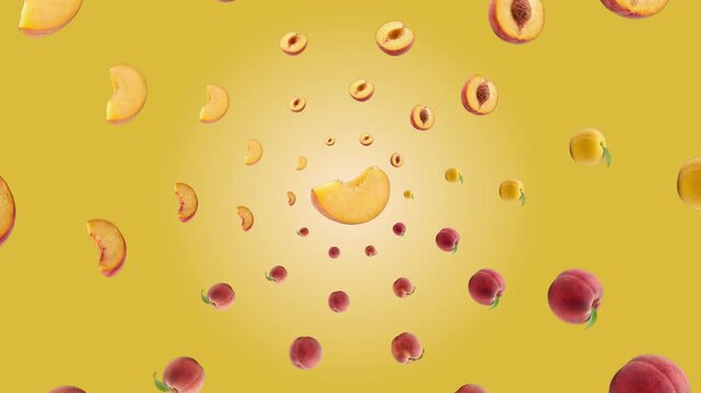 Fresh sliced peaches and apricots falling in slow motion isolated on a vibrant yellow background, floating organic fruit halves for healthy food advertising, summer harvest 3D render concept for culin