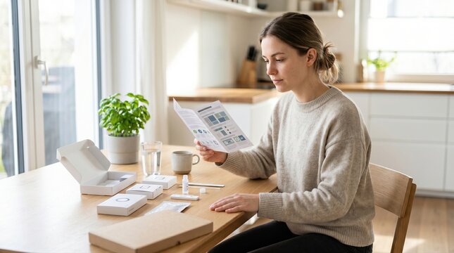 Home health testing kit unboxing at bright table with instruction leaflet