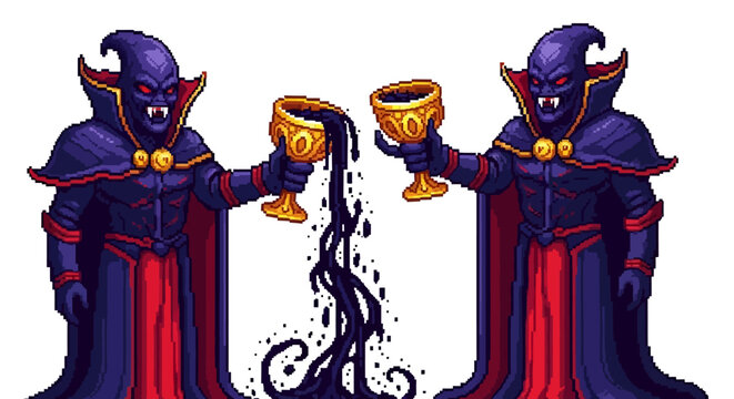 Two vampires toasting with dark liquid.
