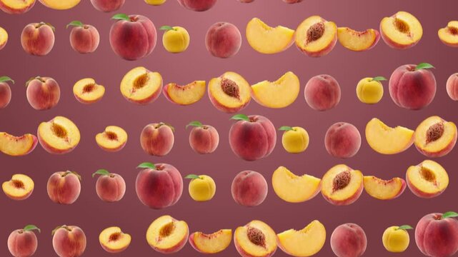 Fresh ripe peaches and apricot slices arranged in a pattern isolated on a muted purple background, organic fruit for healthy food advertising, summer harvest 3D render concept for culinary marketing, 