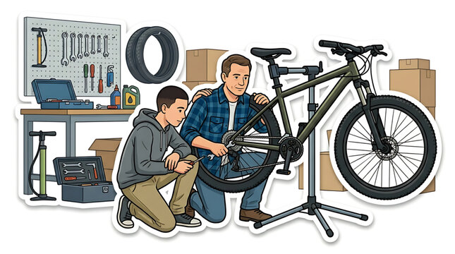 Father and son repairing a mountain bike in a workshop