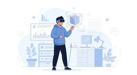 Obraz premium Man wearing VR headset interacting with digital cube in modern office with data visualization