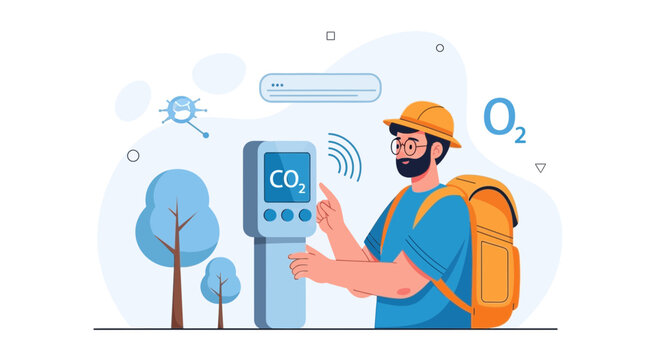 Man with backpack using CO2 meter, testing air quality near trees and AC unit, symbolizing environmental monitoring and technology