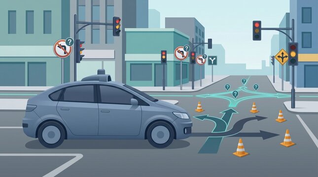 Robot taxi halted by route confusion at city intersection concept