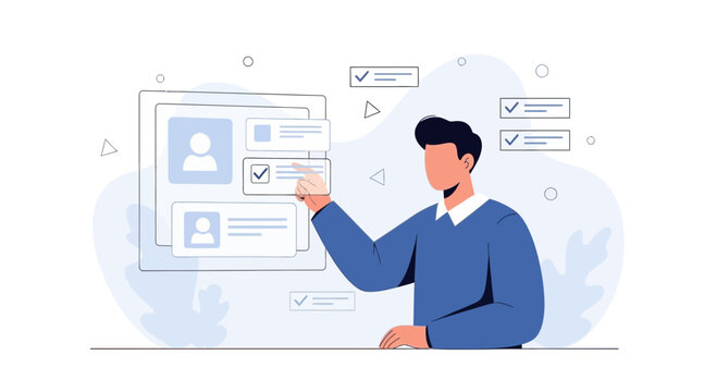 Person choosing options from a digital interface, representing selection, decision making, or data management