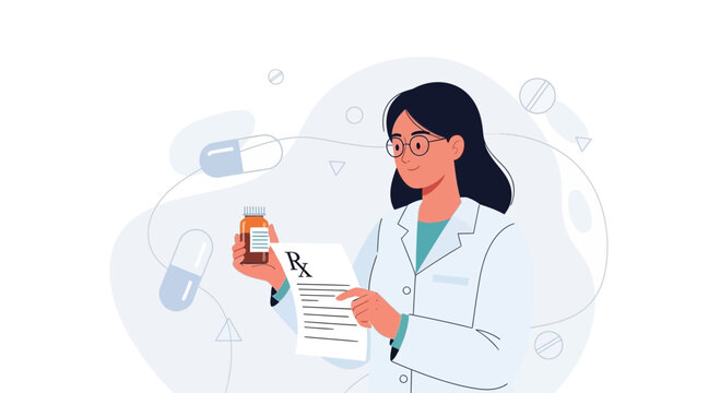 Pharmacist holding medication bottle and prescription, with abstract medical elements in background