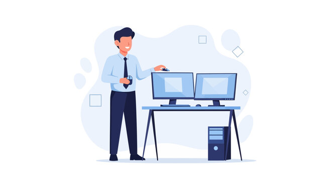 Smiling Businessman Working on Dual Monitors at Desk, Technology and Office Concept