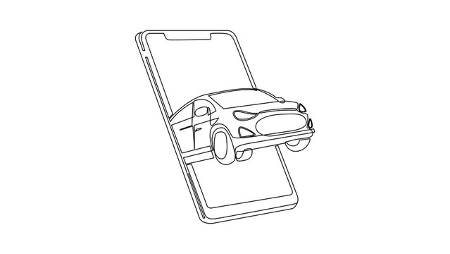 Continuous line drawing of a car driving out from a smartphone screen. Minimalist online car rental, dealership app, and smart transportation vector illustration.