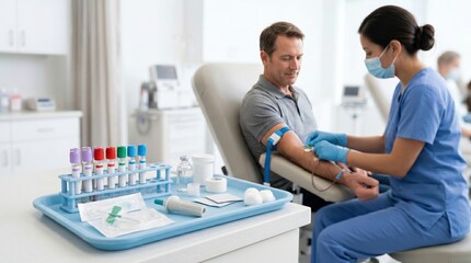 Naklejka premium A healthcare worker is taking a blood sample from a man sitting in a medical clinic. The setting shows equipment needed for the procedure and a clean environment