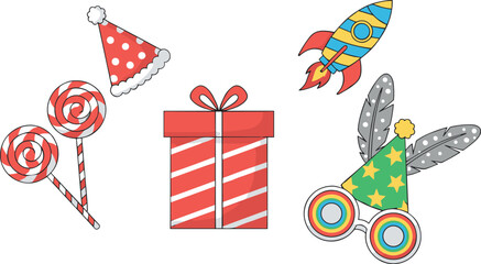 Obraz premium Kids birthday party vector elements set with striped gift box lollipops party hat rocket toy and carnival glasses isolated on white background