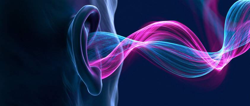  Abstraktes menschliches Ohr mit leuchtenden neonfarbenen Schallwellen, Konzept f&uuml;r H&ouml;ren, Audio-Technologie oder Tinnitus, dunkler Hintergrund, breites Banner