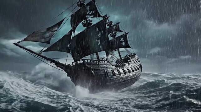 Tattered pirate ship battling massive storm waves and rain at night.