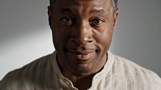 Close-up portrait of a smiling African American man with warm eyes and a friendly expression.