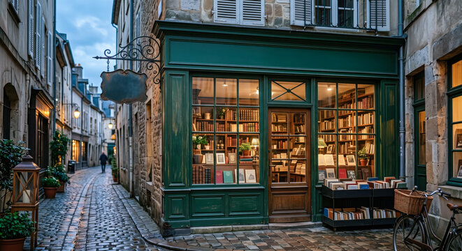 Inviting bookshop with illuminated windows and outdoor displays on a picturesque cobblestone lane. Concept of literature, travel, local culture, and historic urban charm.