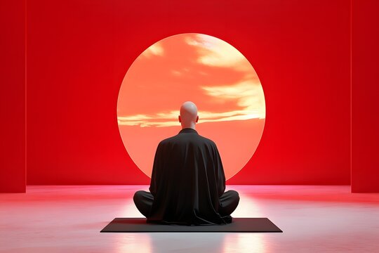 A meditative image with a central, back view of a bald figure in a dark, flowing robe, the figure seated with a vibrant red light glowing from beneath the rober