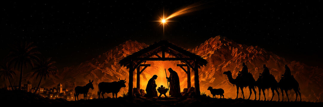Nativity scene with holy family, wise men, animals under bright star