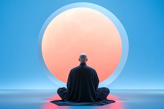 A meditative image with a central, back view of a bald figure in a dark, flowing robe, the figure seated with a vibrant red light glowing from beneath the rober