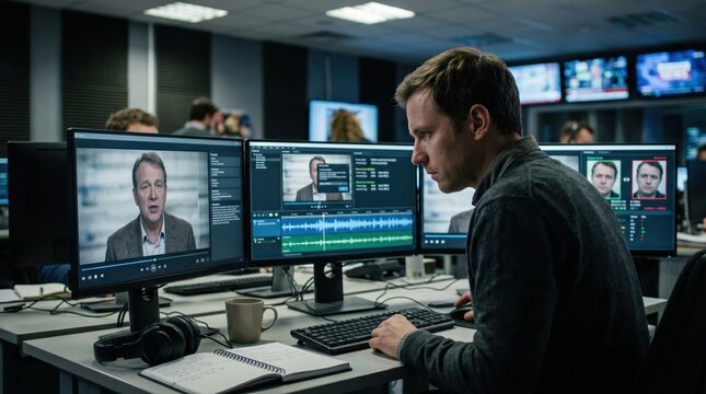 communicator fact checking deepfake video on multiple monitors during night