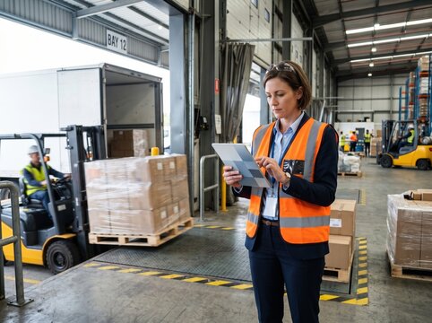 Procurement manager approving warehouse dock replenishment during goods