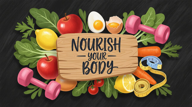Wooden sign board displays the text nourish your body surrounded by fresh vegetables and gym equipment.
