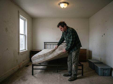 Tenant holding damaged mattress in neglected room for bedbug infestation concept