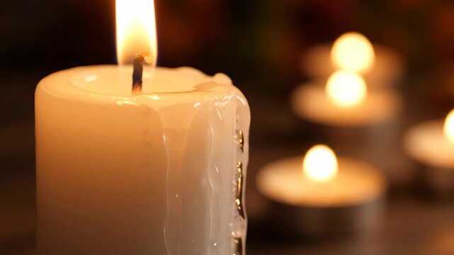 Burning white candle with melting wax dripping down, warm ambient lighting with blurred tea lights in background, romantic and cozy atmosphere
